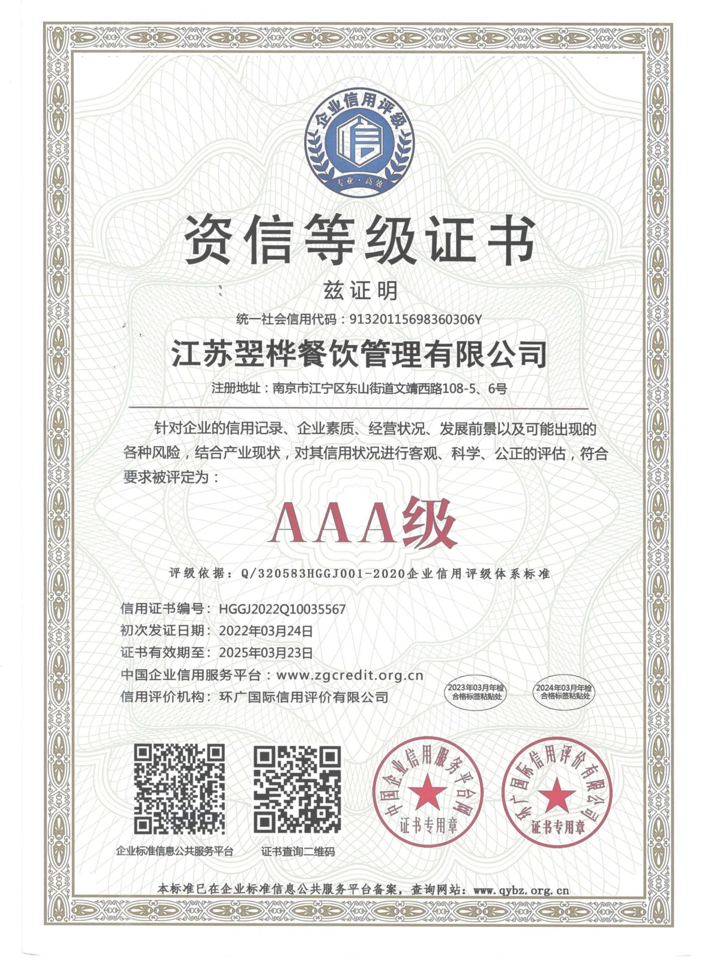AAA級資信等級證書(shū)
